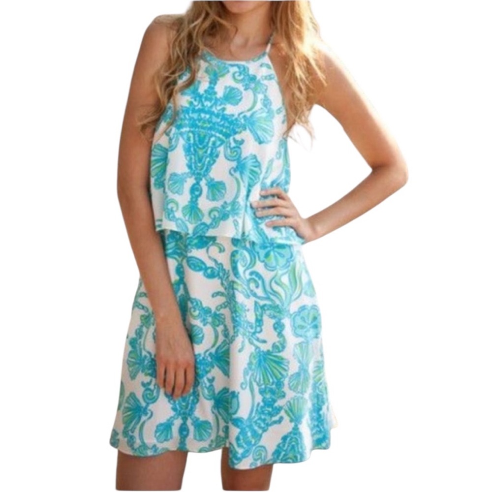 LILLY PULITZER WHISTLER SILK DRESS GOLD DIGGER RHINESTONE T BACK BLUE WHITE